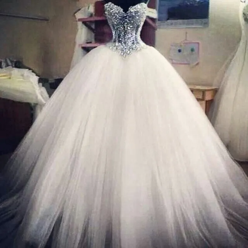 

New Bling Bling Crystal Pearl Sweetheart Ball Gown Wedding Dresses Luxury Vestidos Tulle unique wedding dress Sexy Bridal Gowns