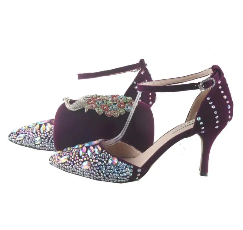 BS006 индивидуальный заказ острый носок красный обувь со стразами и Комплект с сумочкой в тон Для женщин D'Orsay свадебные туфли платье сандалии плюс Размеры - Цвет: purple shoes bag