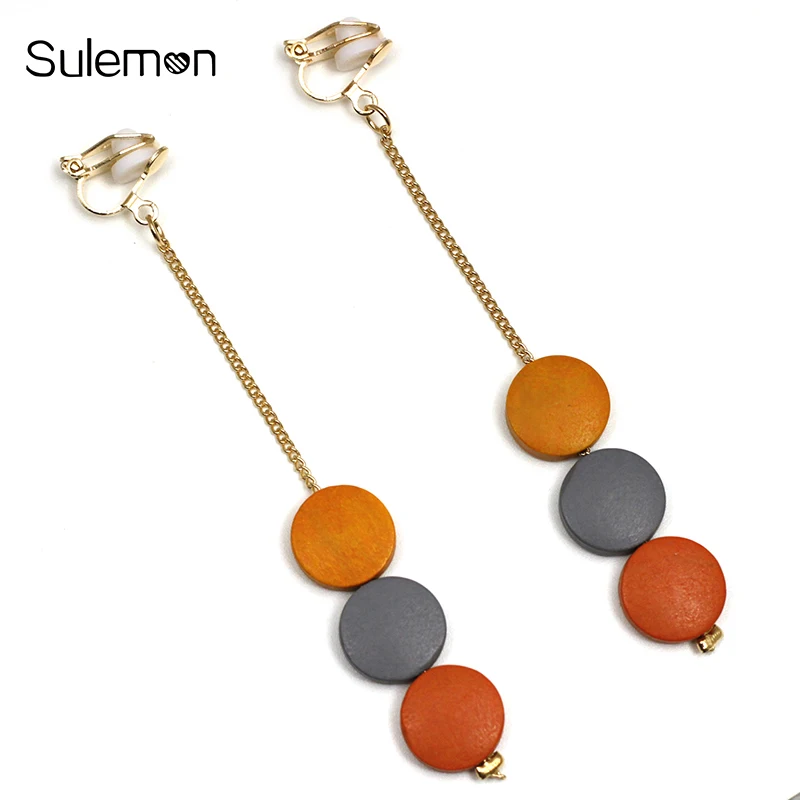 

Multicolor Wooden Beads Earring No Hole Ear Clips Color Matching Wood Clip On Earring Without Piercing Minimalist Earrings CE359
