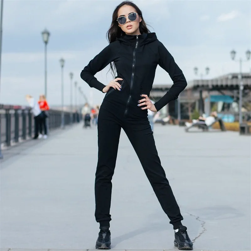 Bodycon Jumpsuit Tracksuit Winter Warm Bodysuit Hooded Long Sleeve Turtleneck Zipper Up Romper 2018 Autumn Fashion Women Clothes