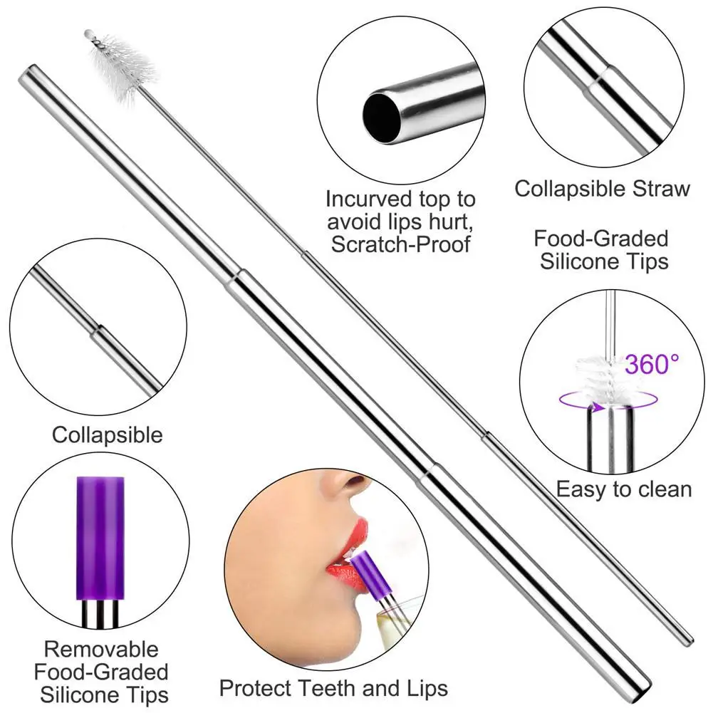 1 шт. портативная телескопическая солома из нержавеющей стали пищевой многоразовый разборка питье для путешествий солома с кистью бар