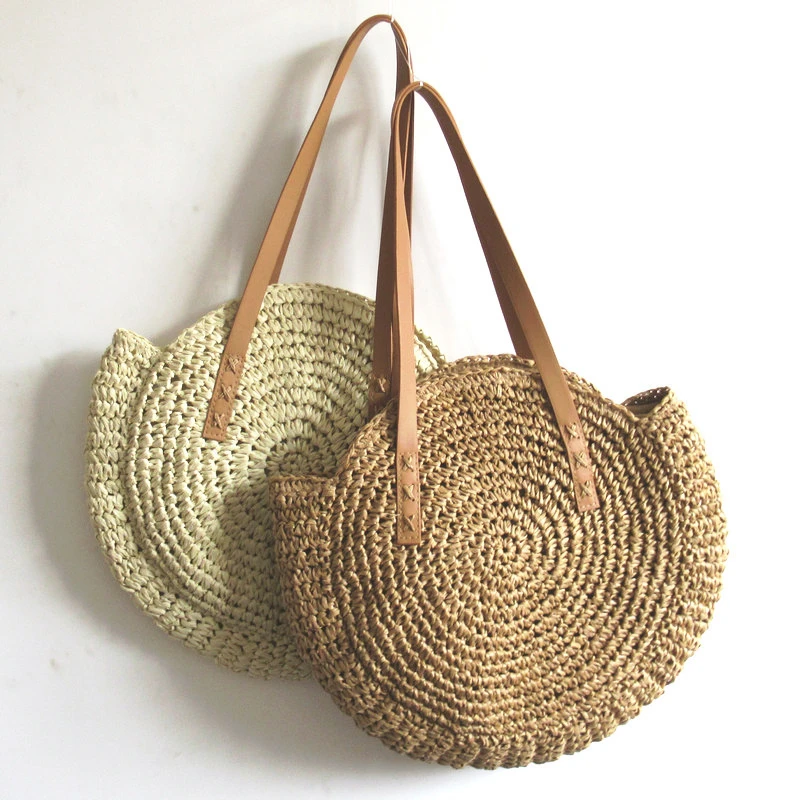 Simple Straw Circular Women Shoulder Bag Handmade Woven Bohemian Handbag Summer Beach Bag Lady Large Capacity Shopper Tote