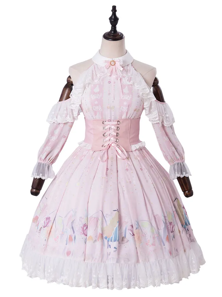 Сладкая Лолита цельные платья розовый кружева Лолита платье с открытыми плечами и оборками