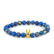 Lucky Gem 2017 New Design High Grade Men Women Fashion Jewelry 8mm Blue Sediment Stone Bead with Gold Batman Charm Bracelets