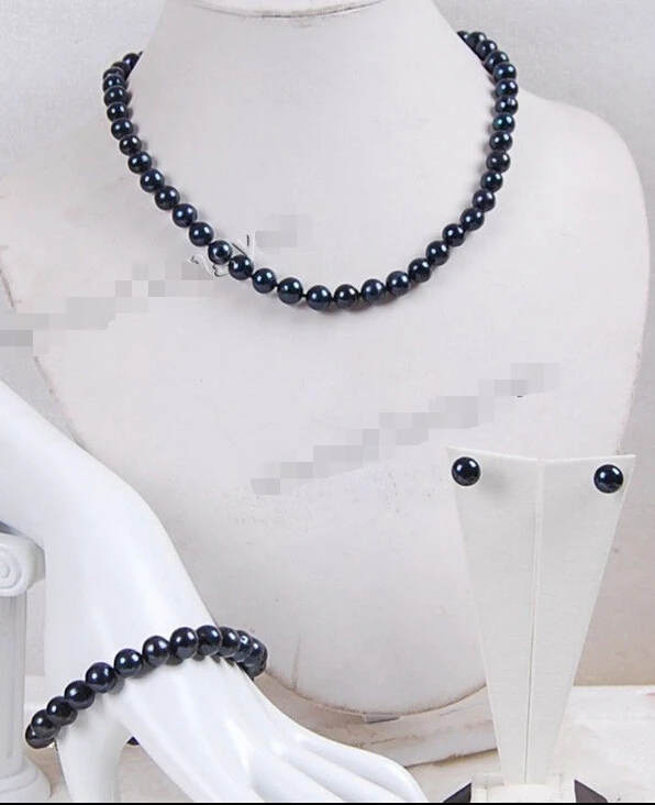 

8-9mm Black Akoya Cultured Pearl Jewelry Bracelet Necklace Earrings Set A508 (A0423)