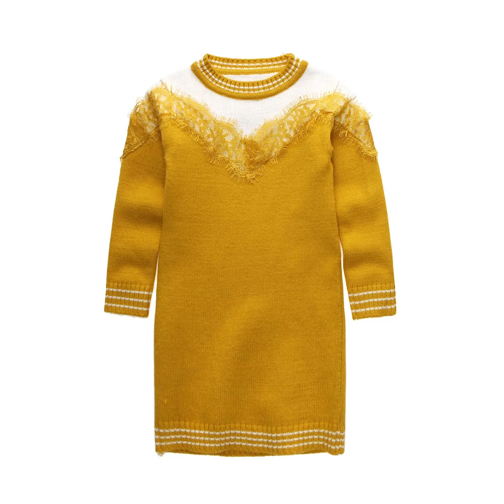 

2017 autumn/winter children han edition of the girls long-sleeved sweater dress lace sweater dress a undertakes