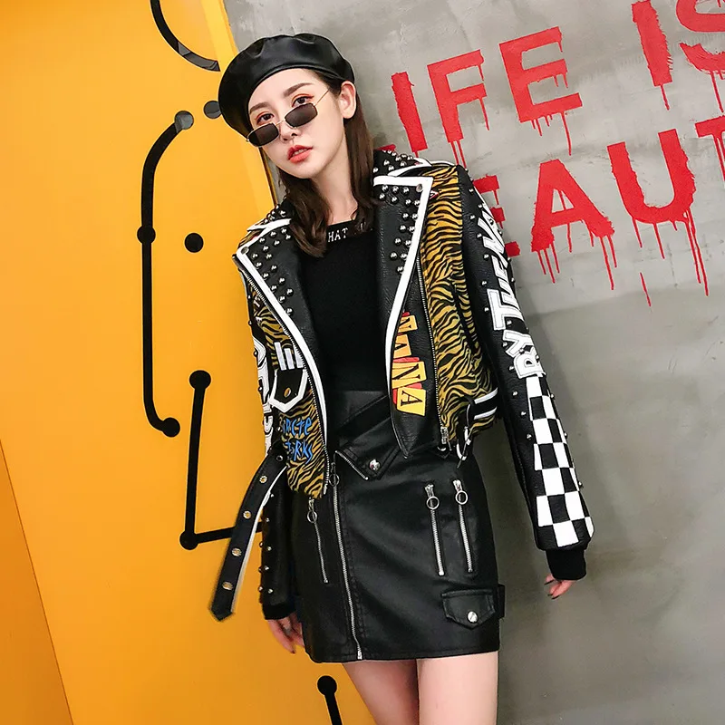 BONJEAN Casual Autumn Outerwear 2018 Rivet Decoration Black Jacket for Women Leopard Pattern PU Leather Jackets & Coats BJ183 BONJEAN Casual Autumn Outerwear 2018 Rivet Decoration Black Jacket for Women Leopard Pattern PU Leather Jackets & Coats BJ183