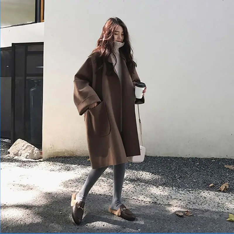 

2019 Loose Woolen Casual Long-sleeved Trench Women Autumn Winter Elegant Coat