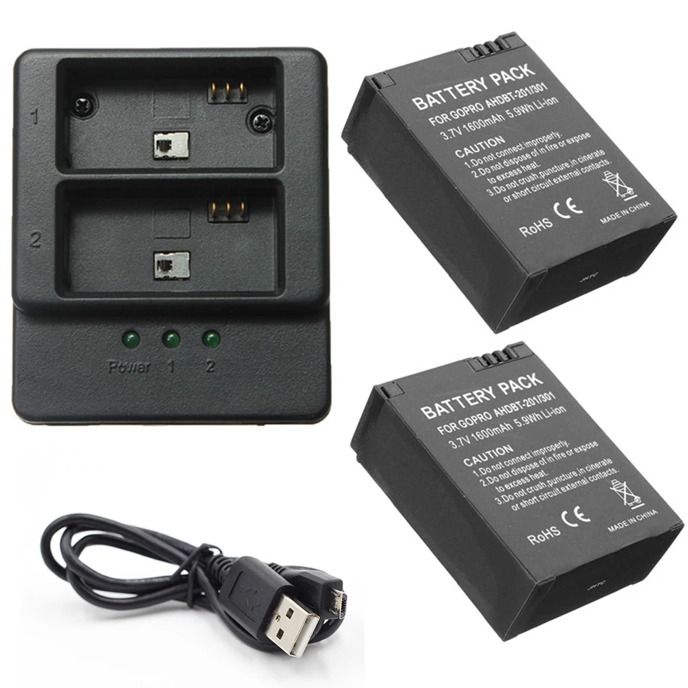Suptig 2PCS AHDBT-301201 1600mAh Battery For GoPro Hero 3 Hero3+Dual Battery Charger+Cable For GoPro Hero 33+Plus BlackSilver (6)