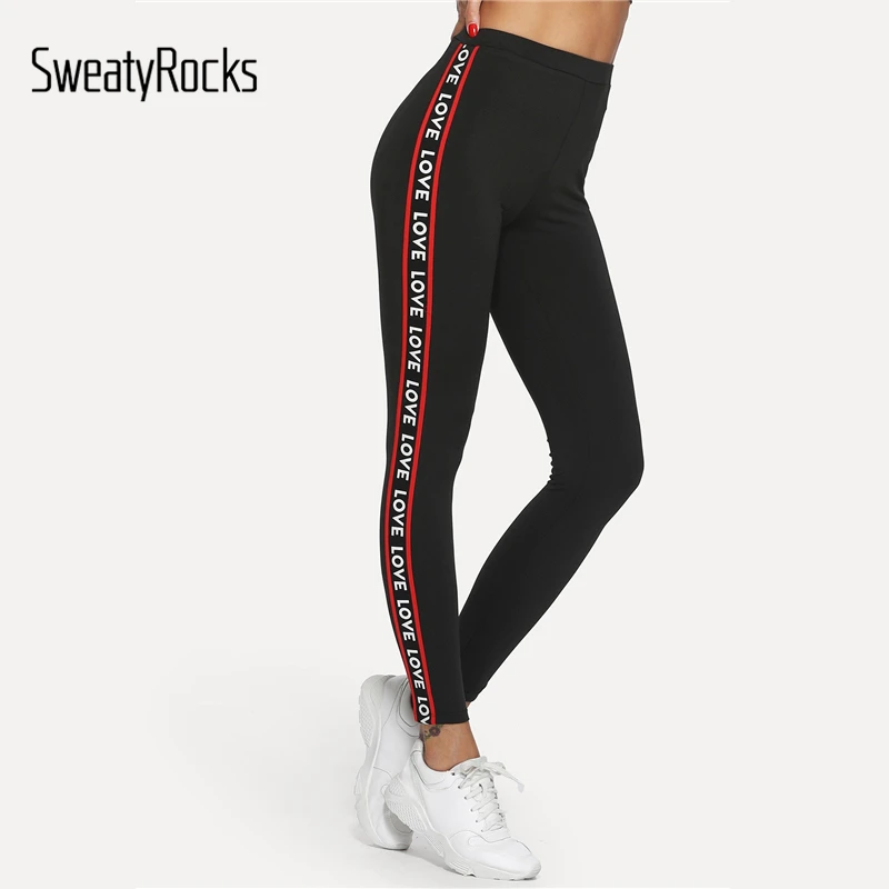

SweatyRocks Stripe And Letter Print Side Leggings Active Wear Style Black Leggings 2019 Spring Athleisure Women Casual Leggings