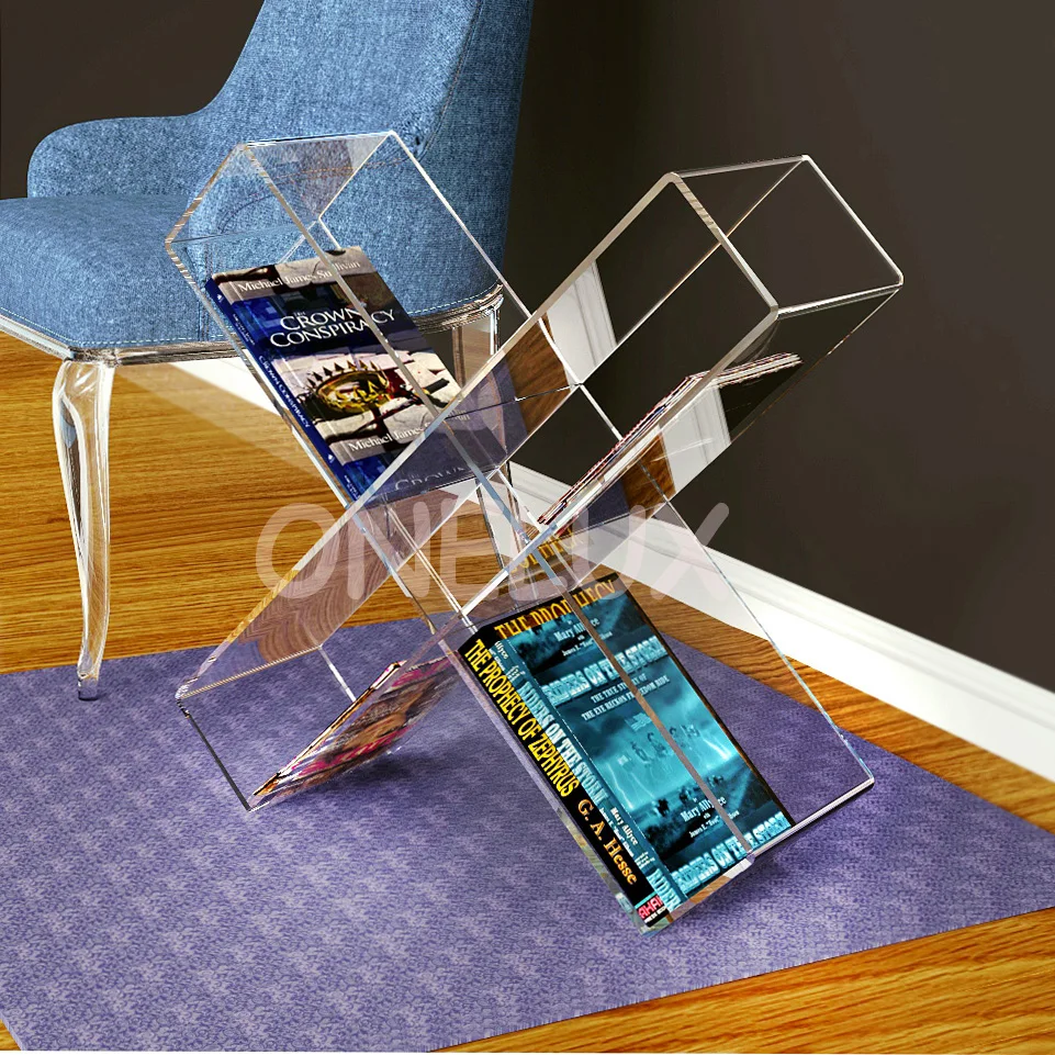 

(KD Packed) X -Shape Acrylic 5 Grid showcase, Lucite magazine/newspaper/brochure Storage Rack