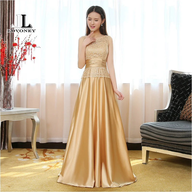 

LOVONEY Elegant Golden A Line O Neck Long Evening Dress 2019 Formal Party Dresses Evening Gown Vestido De Festa Longo T403