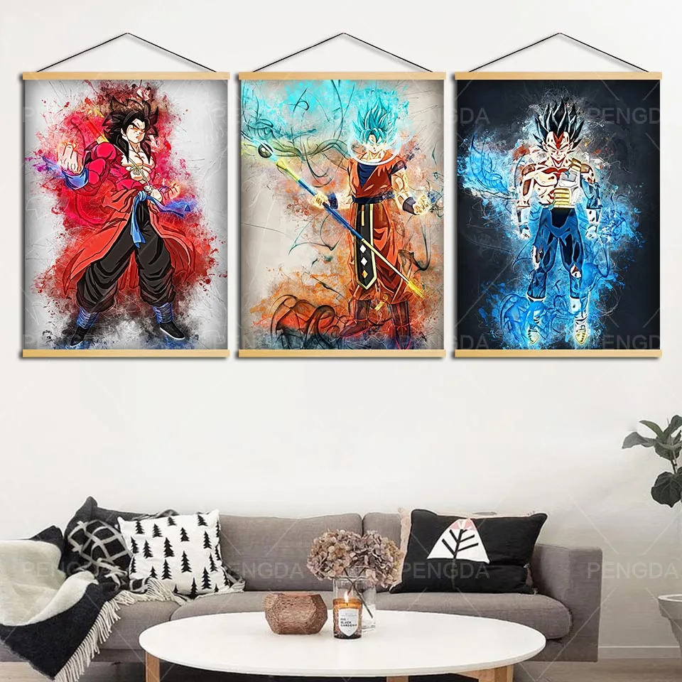 

Print Canvas Art Nordic Style Seven Dragon Ball Anime Poster Wooden Scroll Hanging Painting for Bedroom Home Wall Art Decoration