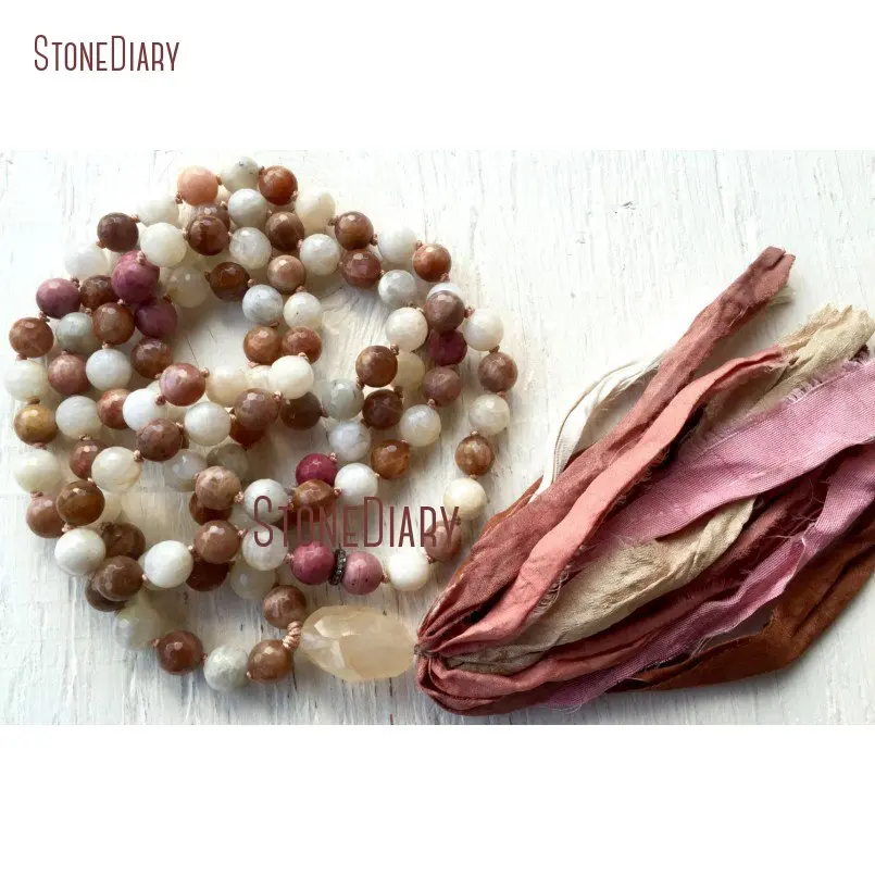 20180313-NM11083-10mm Faceted Moonstone Pave Diamond Sunstone Rhodonite 108 Mala Beads Goddess Yoga Jewelry Heart and Intuition Crown Chakra Silk Sari Tassel