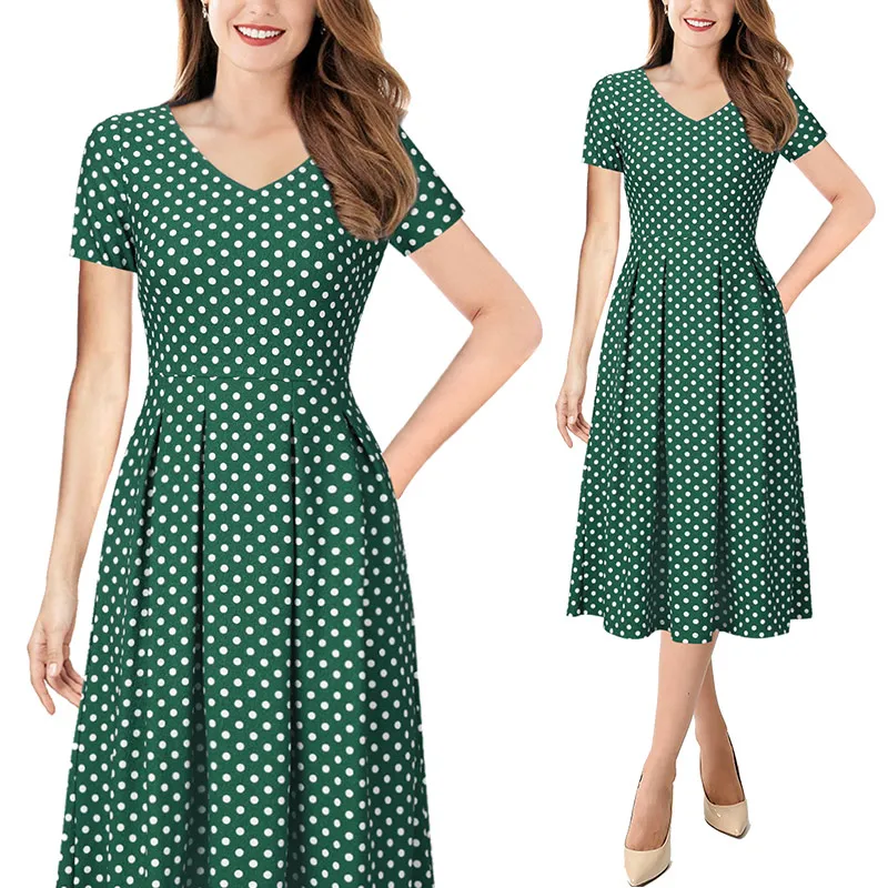 Green White Dot Vfemage женское осенне-зимнее элегантное винтажное платье с карманами и цветочным принтом для работы, бизнеса, офиса, на каждый день, вечерние трапециевидные приталенные платья 1612 - Цвет: Green White Dot