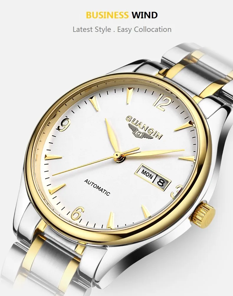 GUANQIN роскошные мужские деловые часы Лидирующий бренд автоматические часы мужские недели календарь Сапфир водонепроницаемые Модные механические часы