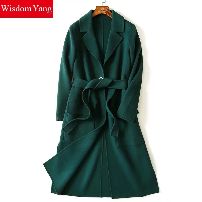 

Wisdom Yang Womens Sheep Woolen Overcoats Army Green Belt Slim Warm Winter Trench Long Sleeve Coat Jackets 2017 Casacos Feminino