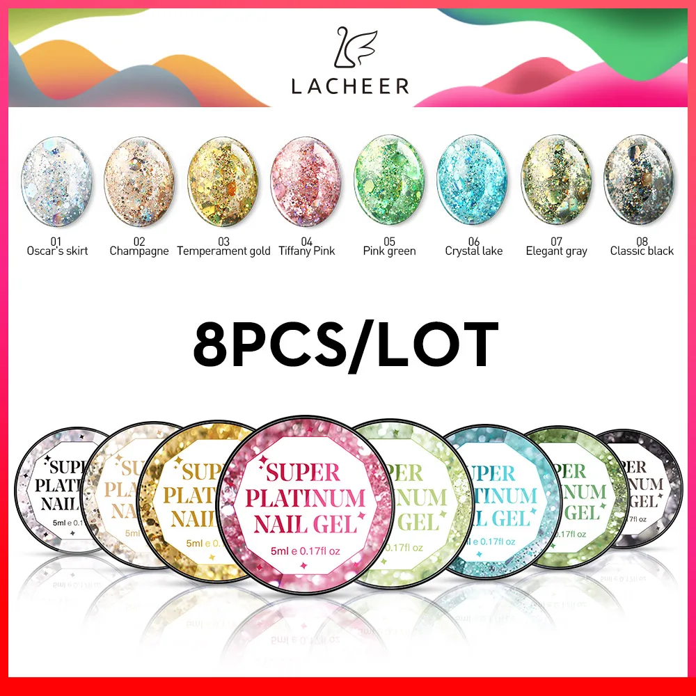 

Lacheer Platinum Nail Gel Super Shining Color Gel Soak Off UV/LED Glitter Nail Gel Diamond Shiny Manicure Gel Nail Polish