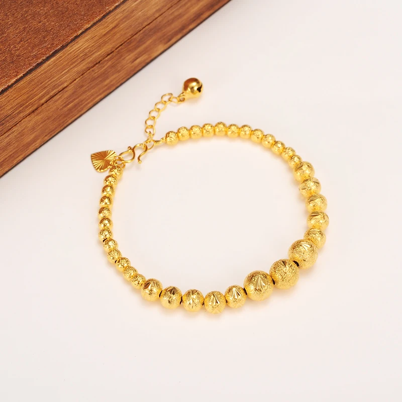 

17cm + 4cm Lengthen Ball Bangle Women 24k Real Solid Yellow Gold GF Round Beads Bracelets Jewelry Hand Chain heart tapestried