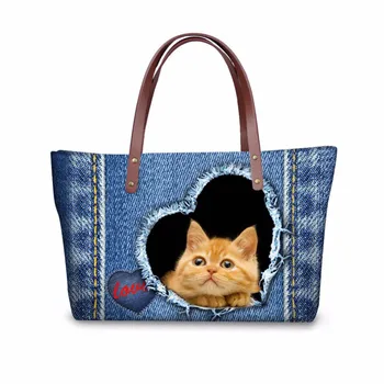 

Customized Lovely Denim Cat Pattern Women Neoprene Bag Girls Tote Handle Casual Bag Female Big Capacity Corssbody Bag Zipper