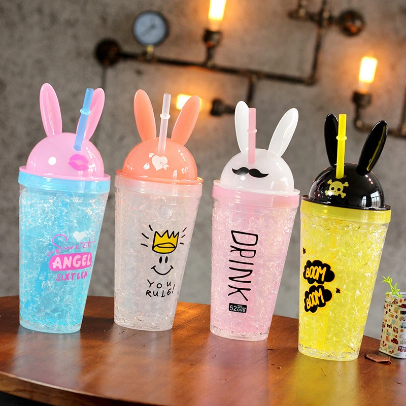 

Creative Cool Rabbit Ice Cup Fashion Double Straw Plastic Cartoon Cup Water Cup
