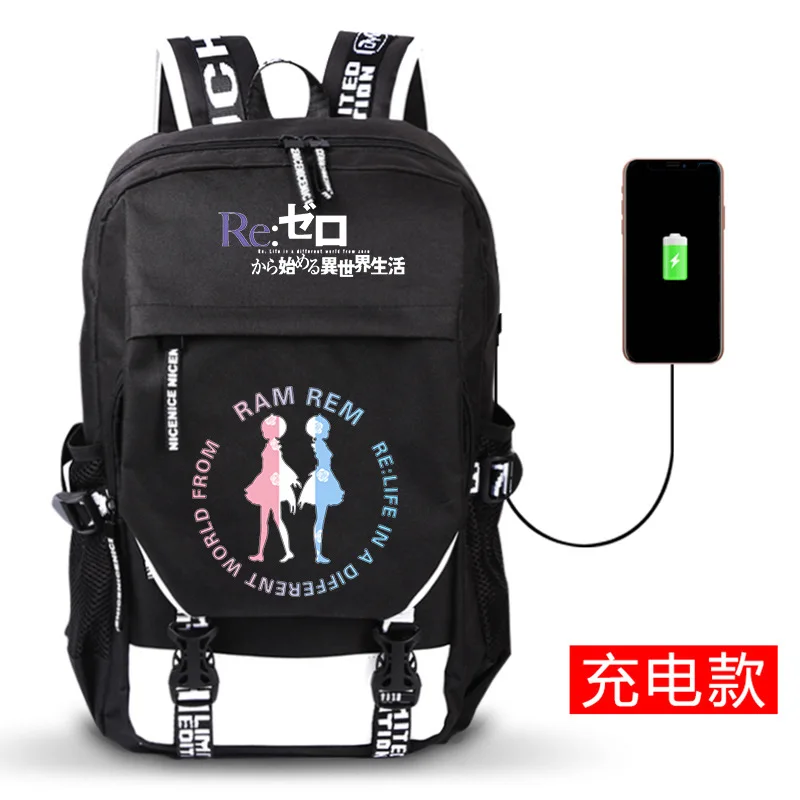 Re: жизнь в другом мире от нулевого аниме печати рюкзак мультфильм школьные сумки дорожные сумки usb зарядка сумки для ноутбука Rugzak - Цвет: K
