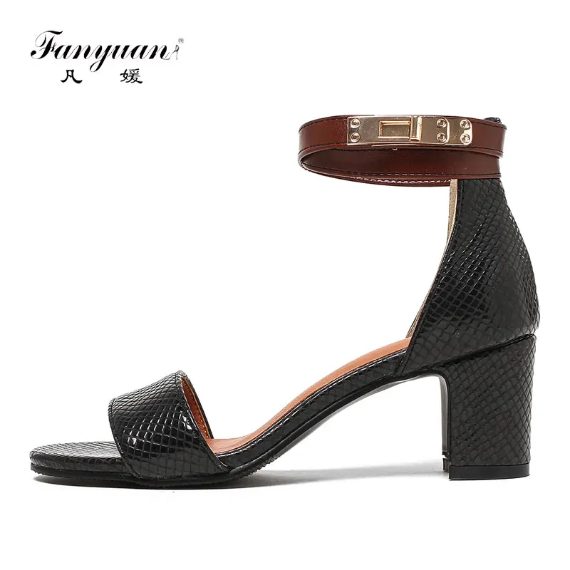 

Fanyuan Custom women Sandals 2018 stylish Mixed color Buckle strap sexy Peep toe high Block heel Party lady Summer shoes sapato