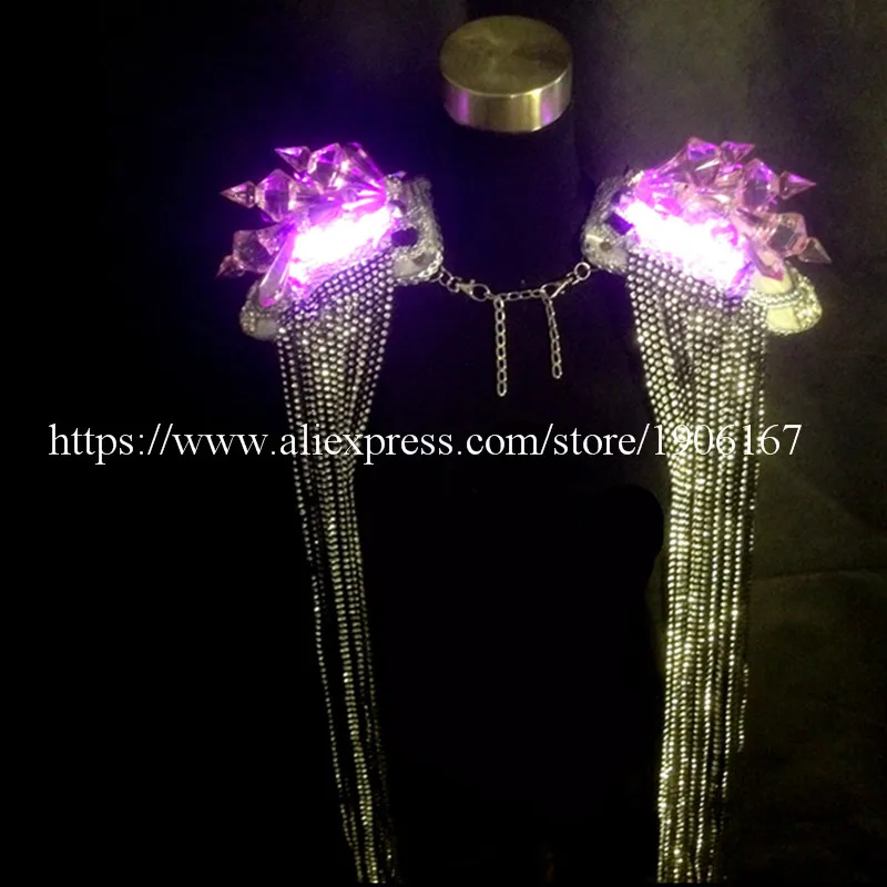 

Женский костюм эполета с бахромой и подсветкой розового цвета, Светодиодный светящийся костюм для ночного клуба, вечеринки, сцены, хрустальное бальное платье, одежда