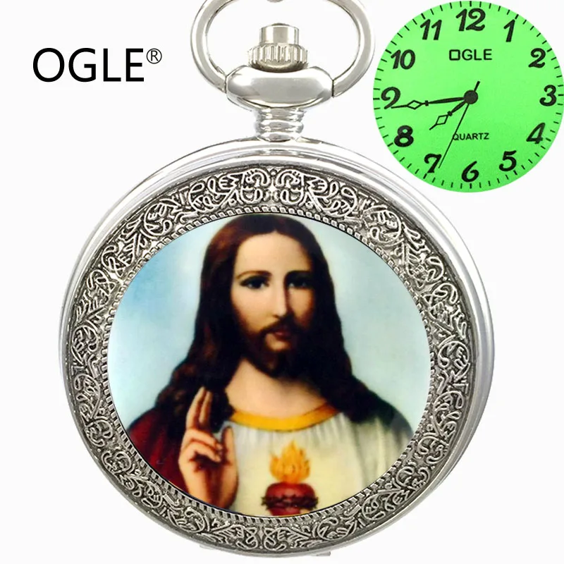OGLE Jesus Piece Silver Cross Analog Necklace Chain Pendant Luminous Mens Lady Women Student Calendar Japan Fob Quartz Watch Box