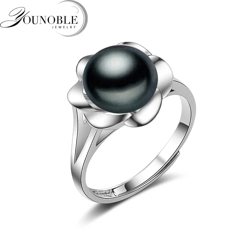Настоящее цветочное кольцо серебро 925, белое черное кольцо с натуральным пресноводным жемчугом регулируемое