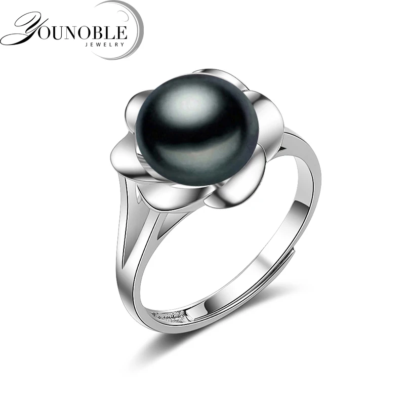 

Real flower ring silver 925,white black natural freshwater pearl ring adjustable