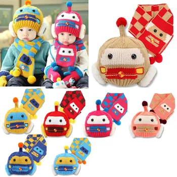 

New cartoon autumn and winter thick warm baby hat +scarf set baby head wool hat