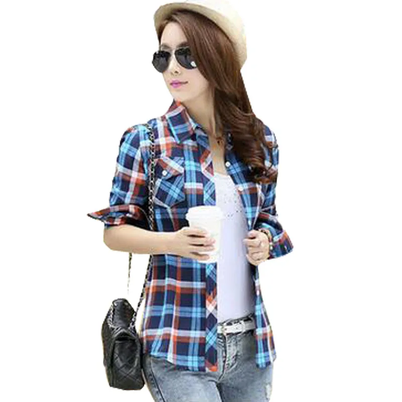

2017 New Casual Button Down Lapel Neck Plaids Checks Flannel Shirts Women Long Sleeve Tops Blouse blusa feminina 2702