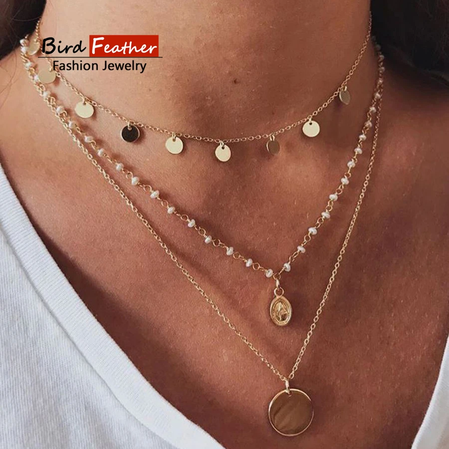 Collar de gargantilla de color dorado para con 3 capas de lentejuelas y perlas, colgante de cadena, collares y colgantes, gargantillas de joyería de moda de terciopelo|Collares tipo gargantilla| -