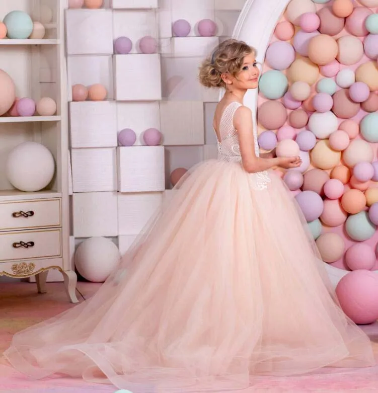 Stunning Blush Pink Soft Tulle Flower Dresses With Long Train Stunning Blush Pink Soft Tulle Flower Dresses With Long Train Holiday Bridesmaid Wedding Party Birthday Princess Lace Gowns In From Mother