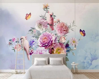 

beibehang wallpapers for living room Customized beautiful hand painted vintage rose parrot TV background papier peint mural 3d