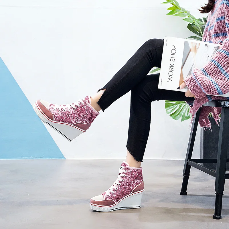 

Big Size 41 42 New Fashion Flat Platform Sneakers Women Sequins Bling Glitter Pink High Top Casual Shoes Woman Wedge Shoes Sweet