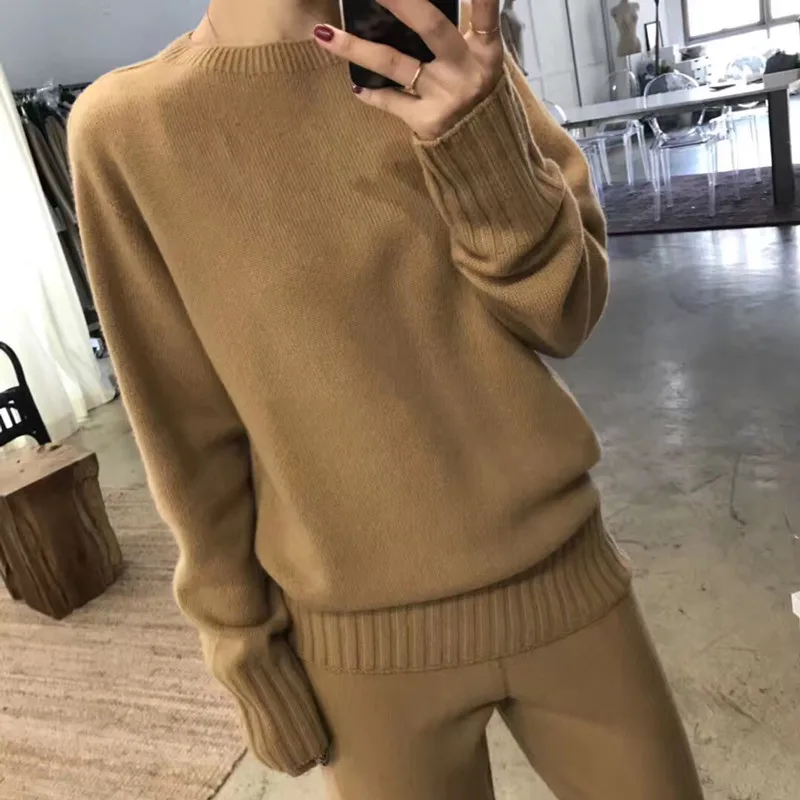

2019 Full O-neck New Cashmere Suit Women's Knit Wide-leg Pants And Loose Lazy Thick Round Neck Sweater Two-piece Warm Women
