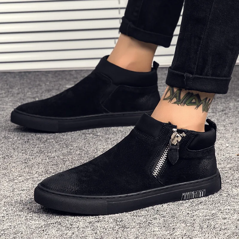 

Casual Men Shoes 2018 Fashion Outdoor High Top Black Boots Men Zipper Genuine Leather Martin Boots Chaussure Homme Size 39-44