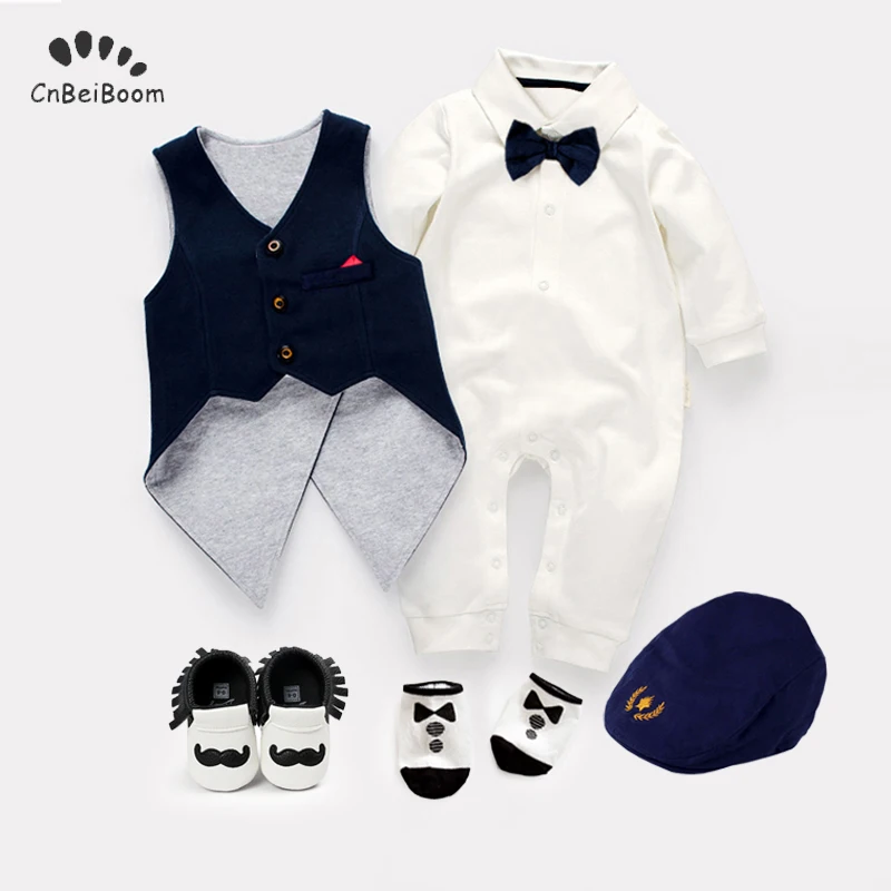 Коллекция года, Детский комбинезон для новорожденных, комплекты одежды костюмы джентльмена детские комбинезоны жилеты с галстуком-бабочкой для мальчиков, носки шапка, комплект из 5 предметов, нарядное платье для мальчиков
