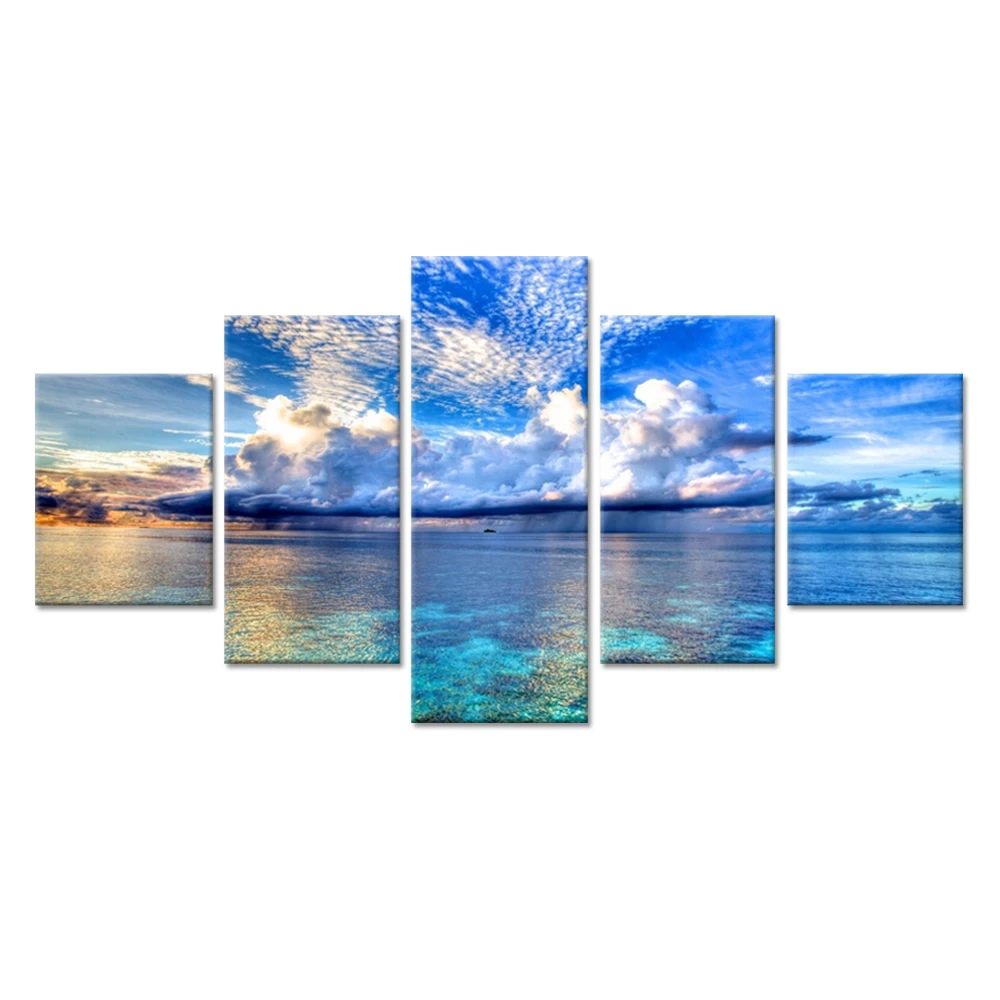 5 Piece Large Modern Contemporary Art Blue Ocean Sea Beach Giclee