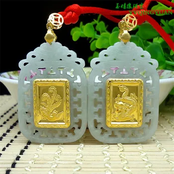 

3D gold inlaid natural jade dragon and phoenix pendant h25#