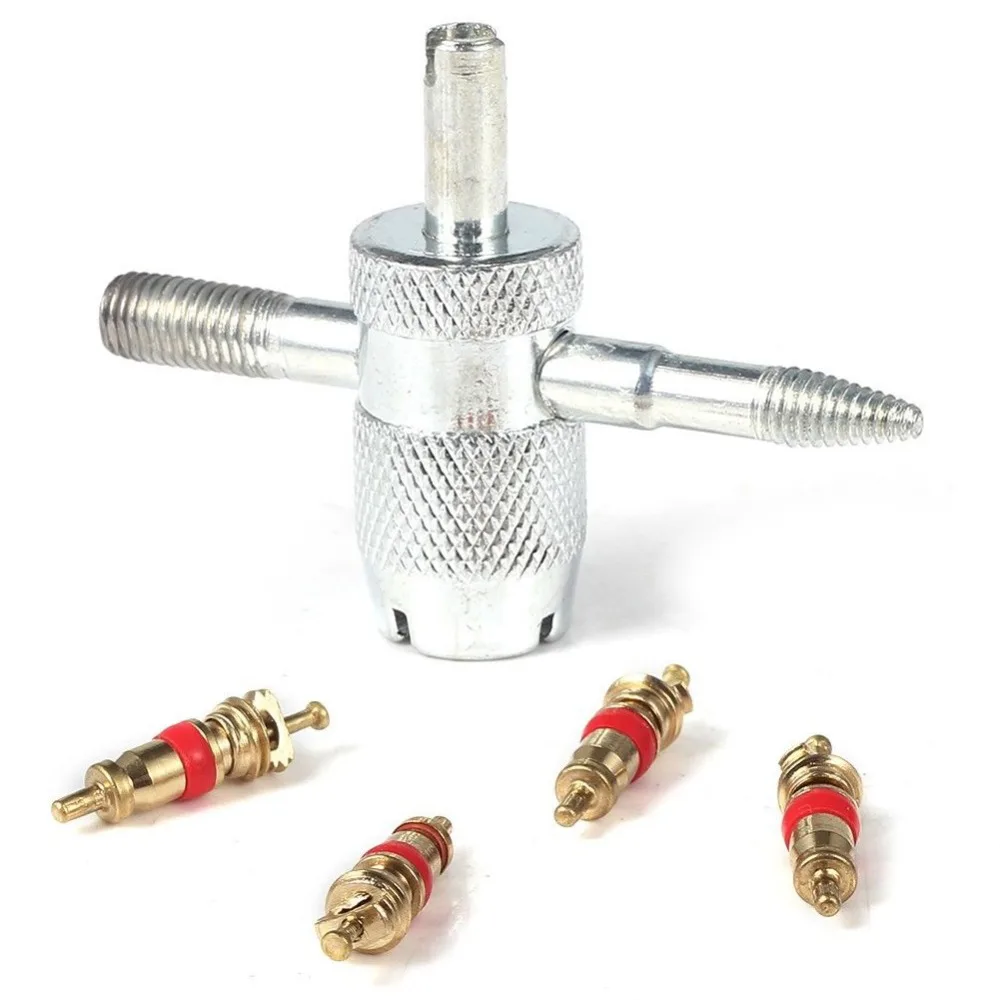 

Car Bike Tire Accessory + 4 Valve Stem Core 4 Way Tyre Valve Repair Remover Tool