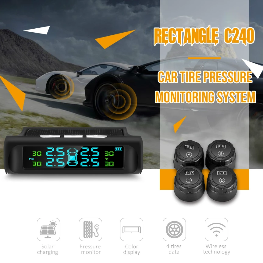 Zeepin C240 Car TPMS Tire Pressure Monitoring System with 4 External Sensors Solar USB Charging