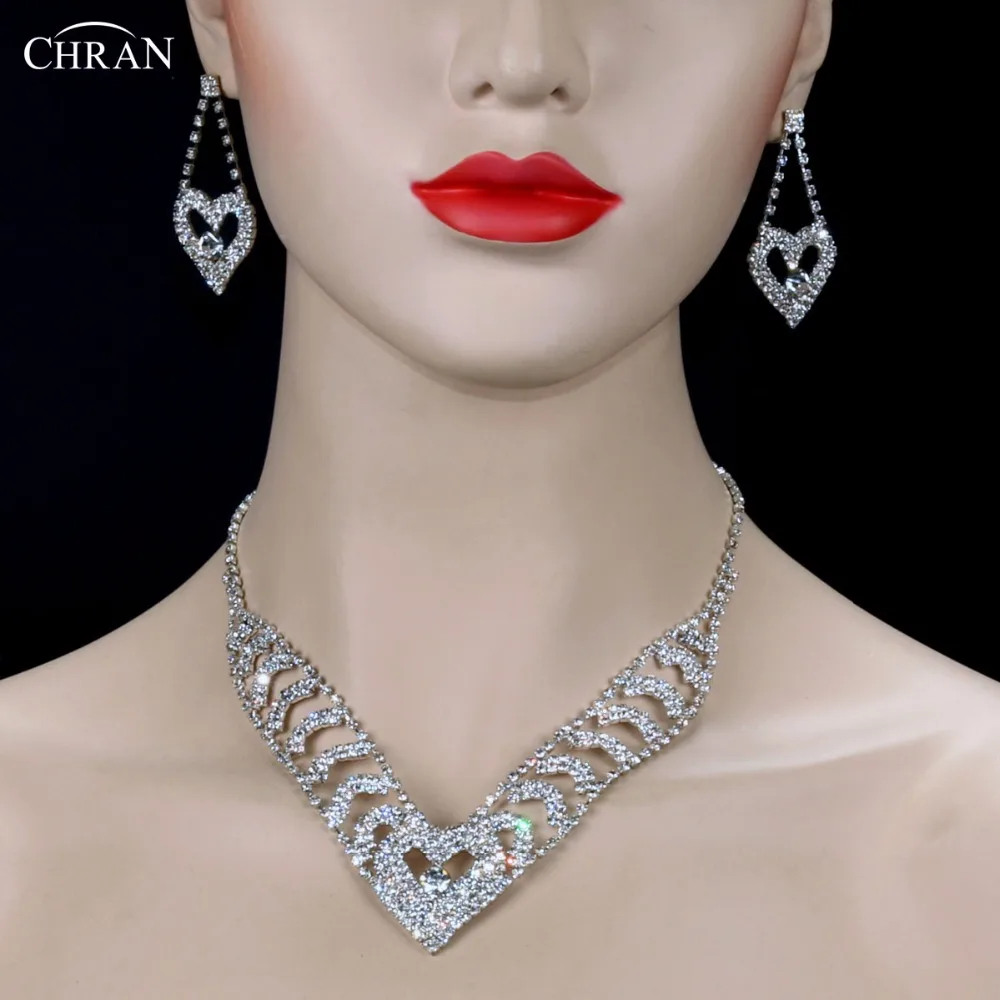 CHRAN Lovely Heart Design Wedding Necklace Earrings Set Fashion Ladies Gifts Silver Plated Rhinestone Bridal Jewelry | Украшения и