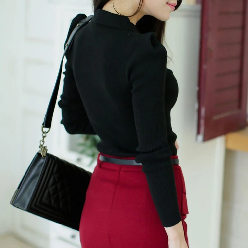 Najtaniej Fashion Casual jesień zima dzianiny damskie swetry i swetry jednolita, z guzikami praca biuro sweter Slim Sueter Mujer