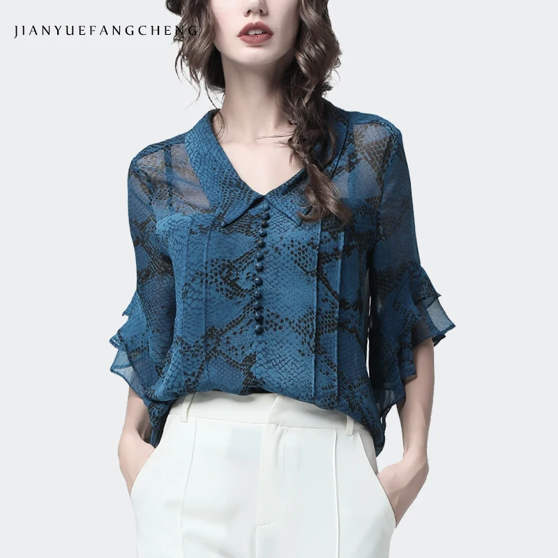 

Women Chiffon Blouse Blue Snake Skin Printed See Through Half Sleeve POLO Shirt Loose Plus Size Office Casual Female Blouses