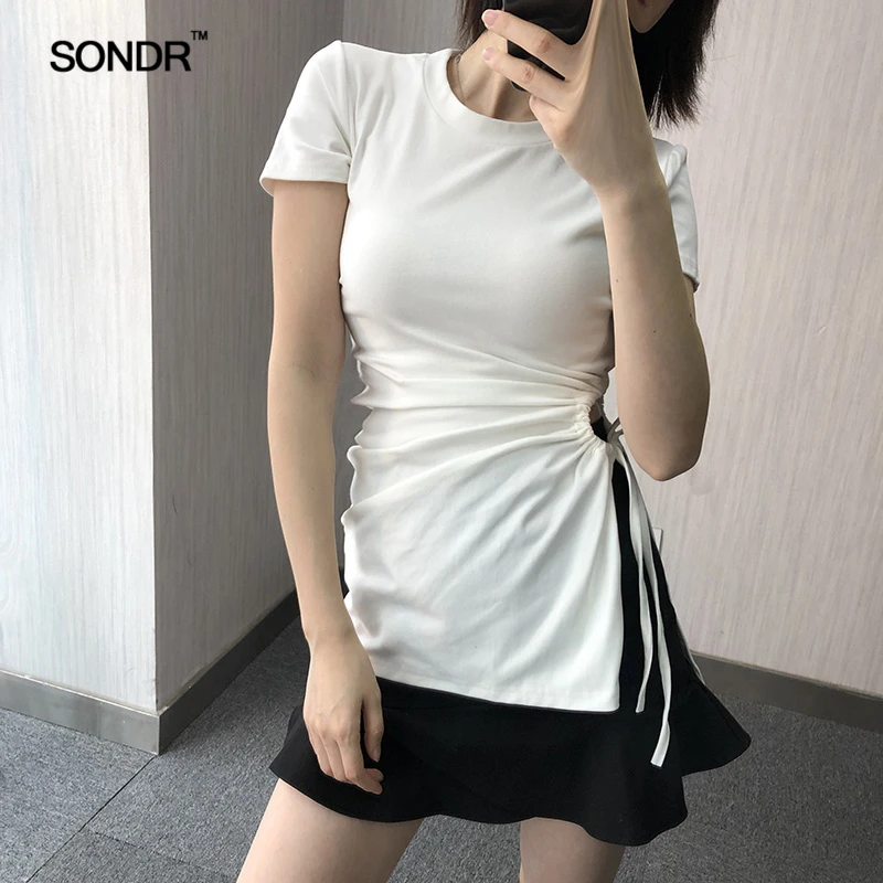 

SONDR Lateral fold smoke rope bind dew high waist coat female machine carefully waist thin irregular short sleeve T-shirt