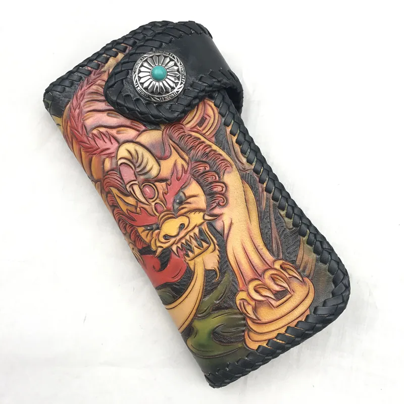 

High Value Genuine Cow Leather Hand Carved Male Long Style Coin Pocket Card Wallet Dragon Engraved Designer Men Clutch Purse