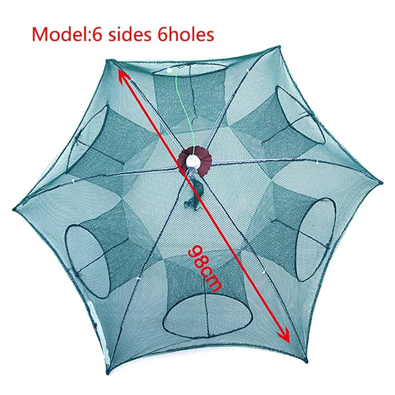 Складной Портативный 4/6/8/10 отверстий Автоматическая рыболовная креветка Ловушка рыболовная сеть Рыба Креветки Минноу краб приманки Литой сетки ловушка для продажи - Цвет: 6 sides 6 holes 98cm